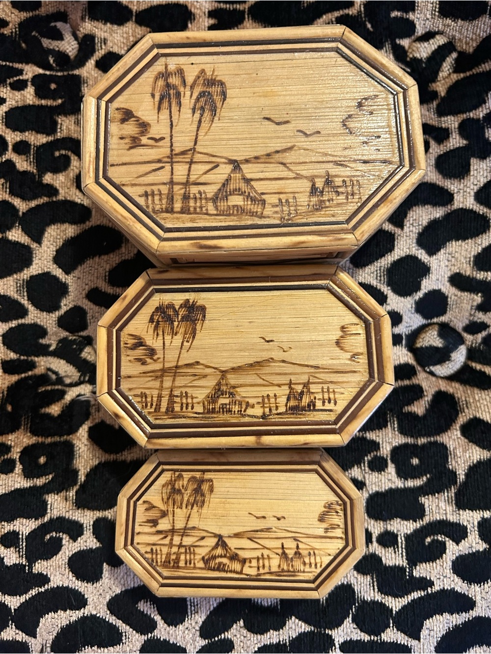 Vintage Hawaiian bamboo rattan nesting trinket boxes
